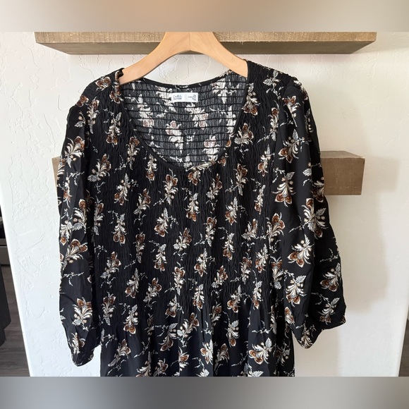 Croft & Barrow|Black floral midi dress, 3/4 sleeve & smocking•••Boho cottagecore - Picture 3 of 12
